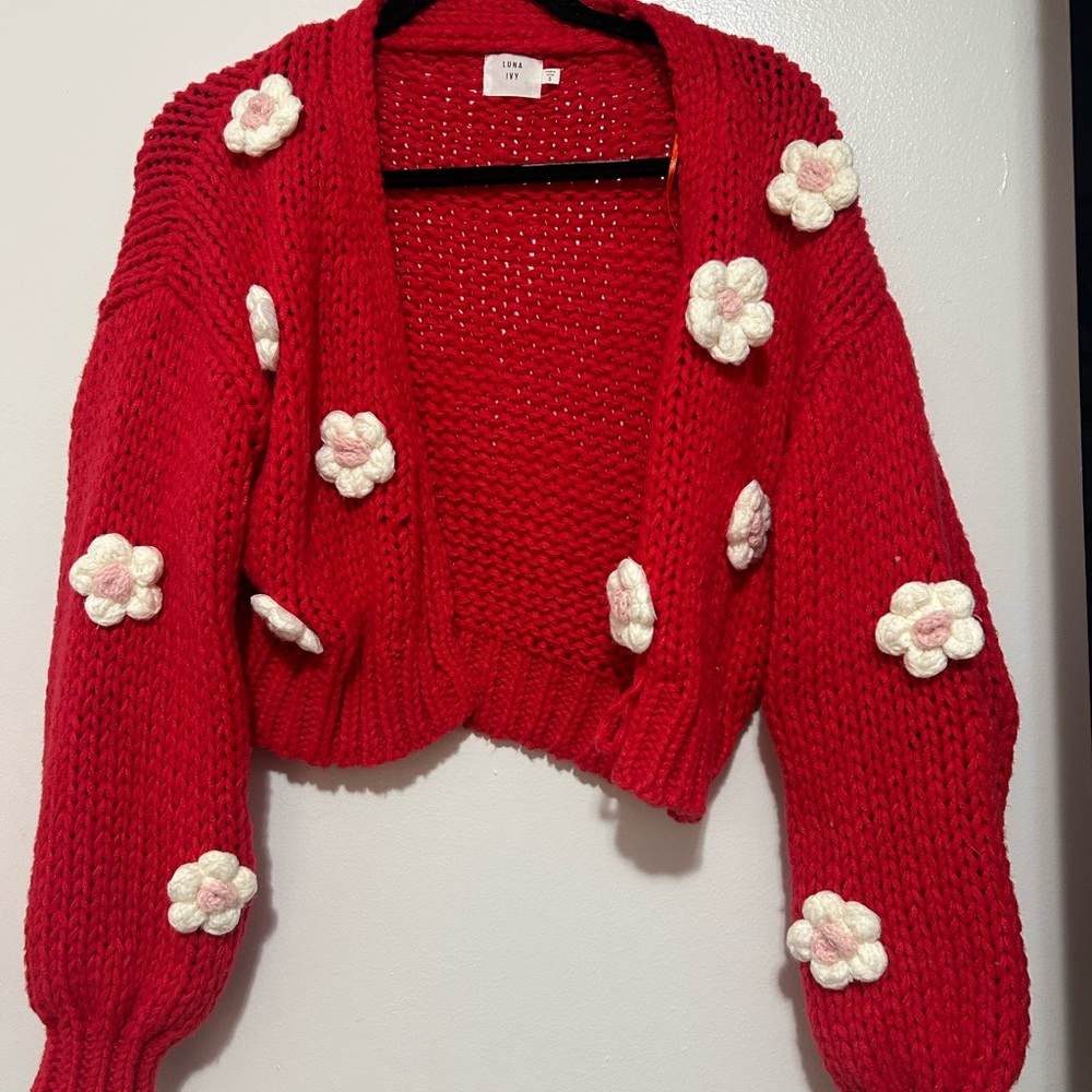 Stylish Red Cardigan with Cream Floral Details